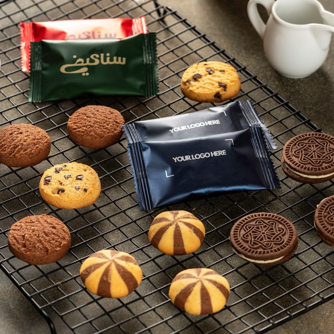 Custom branded cookies with company logo on wrapper – Snackify Dubai